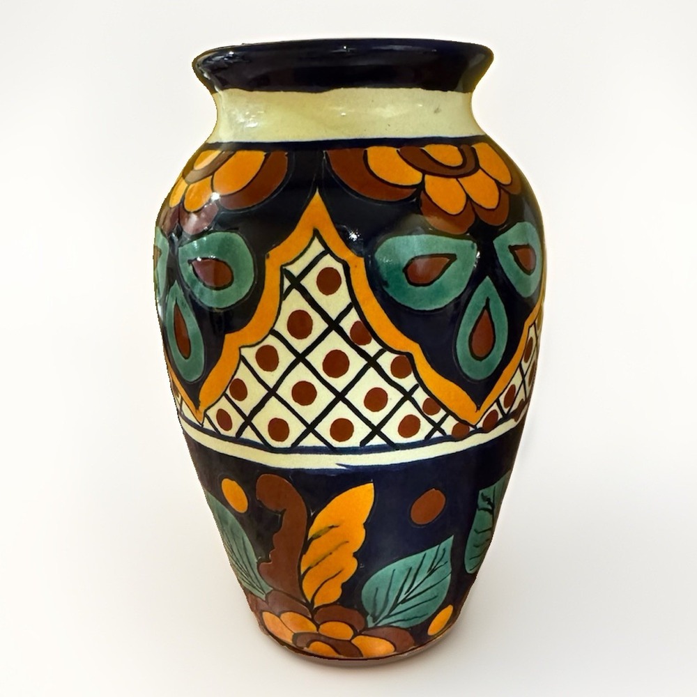 Vintage Mexican Hand-Painted Vase Fall Colors Floral Design Vase Lead Free